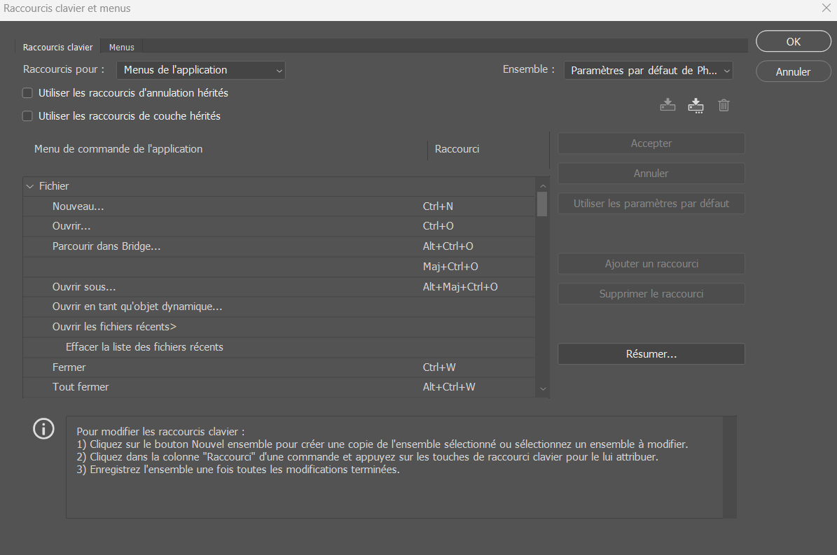 Capture raccourcis clavier et menus