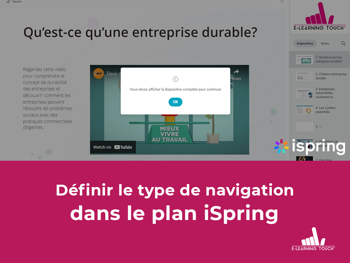 Définir le type de navigation dans le plan iSpring : libre, limité, diapositive suivante