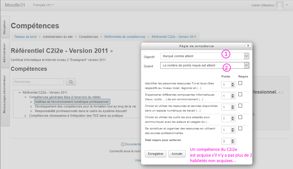 configurer regle competences moodle