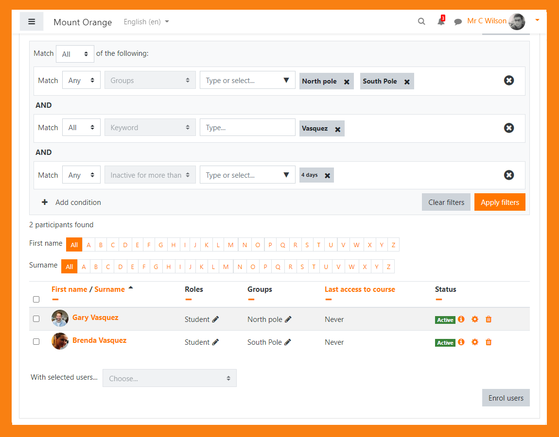 filtre participants moodle