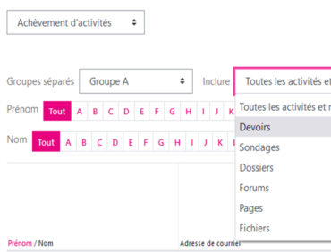 Moodle : Filtres des rapports d’achèvement d’activités