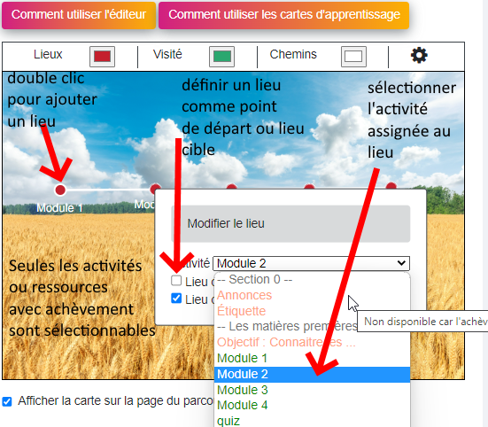 emplacement activites plugin learning map moodle