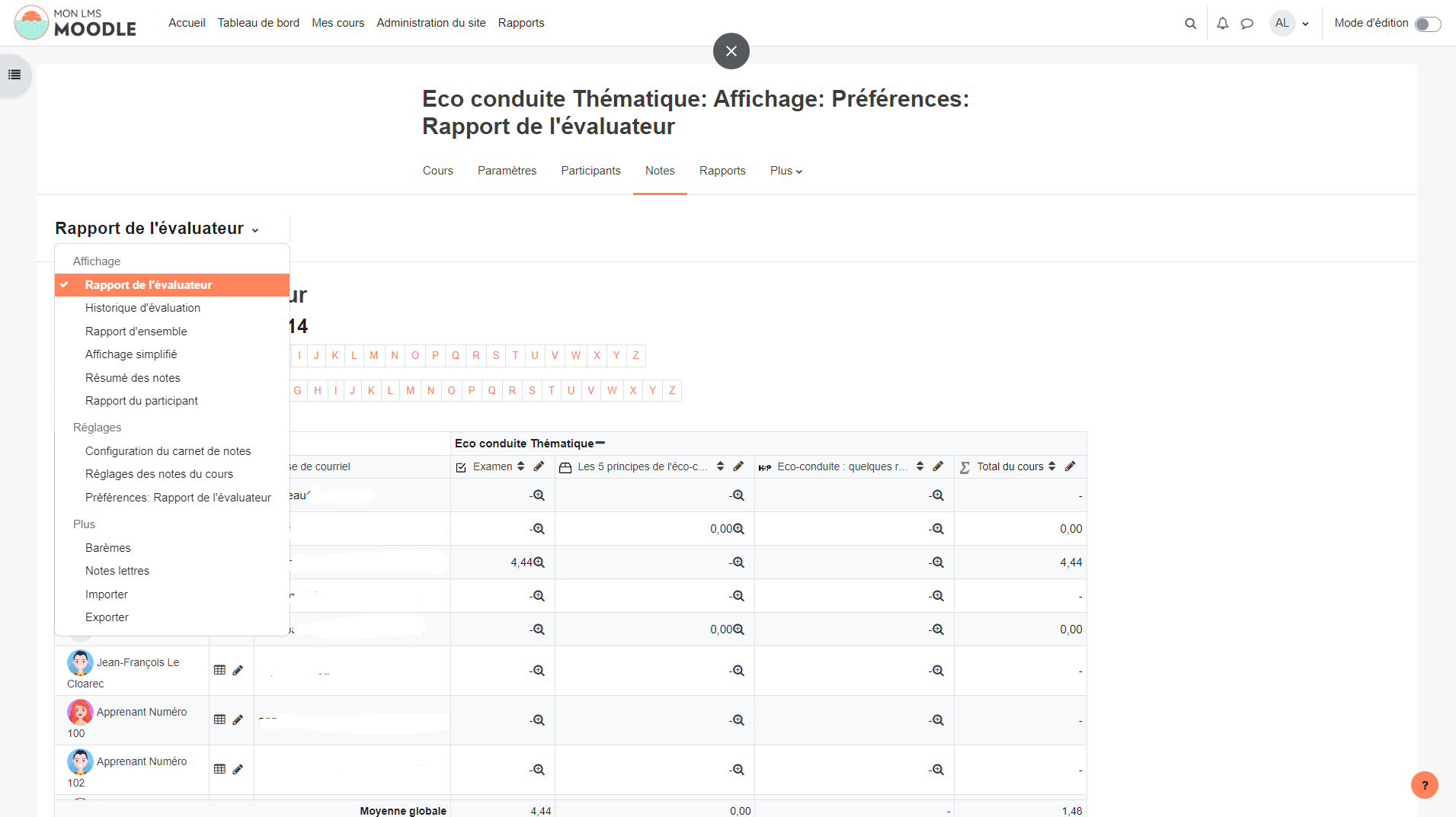 filtres carnet notes moodle