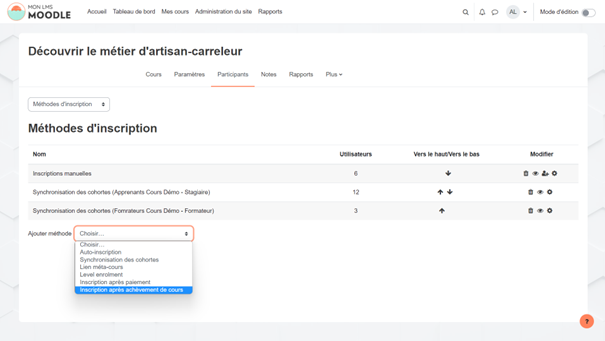 ajouter methode inscription achevement cours plugin moodle