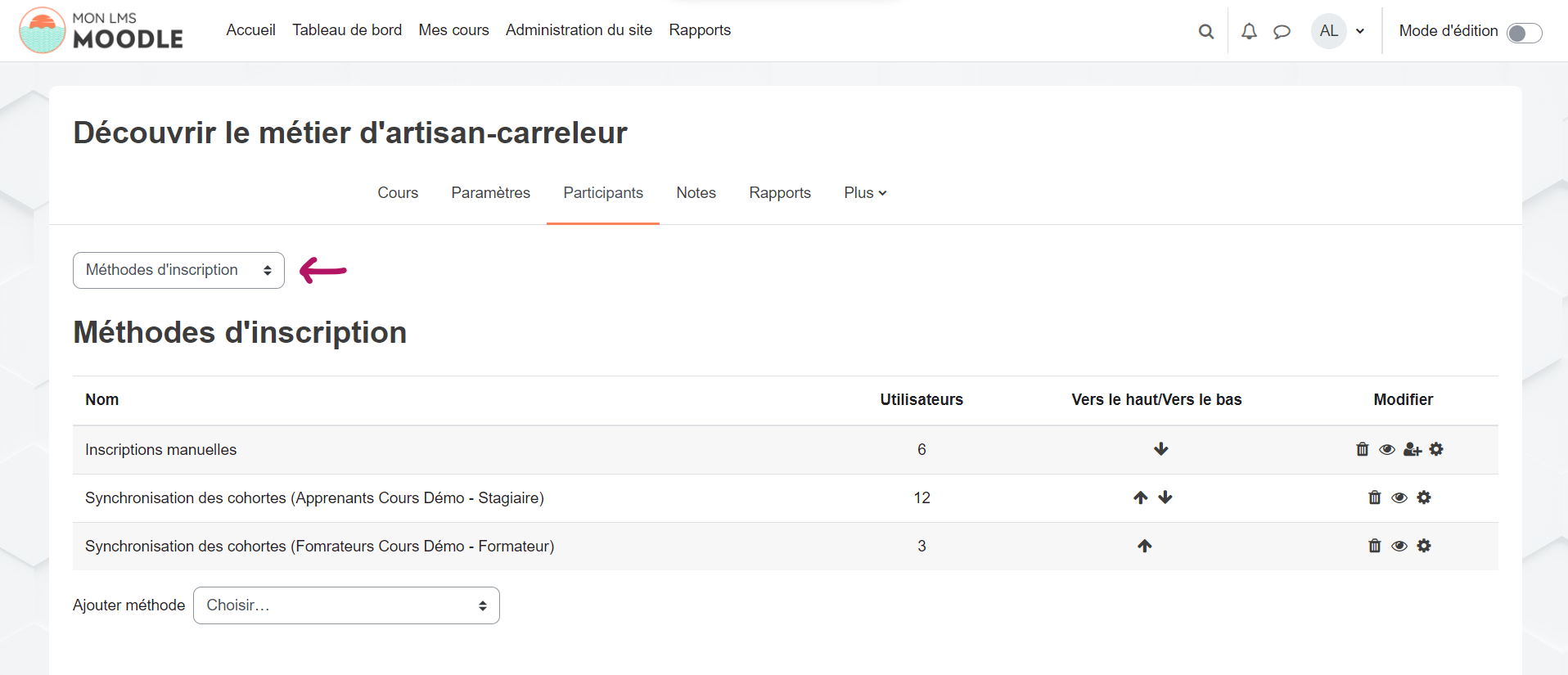 methodes inscription achevement cours plugin moodle