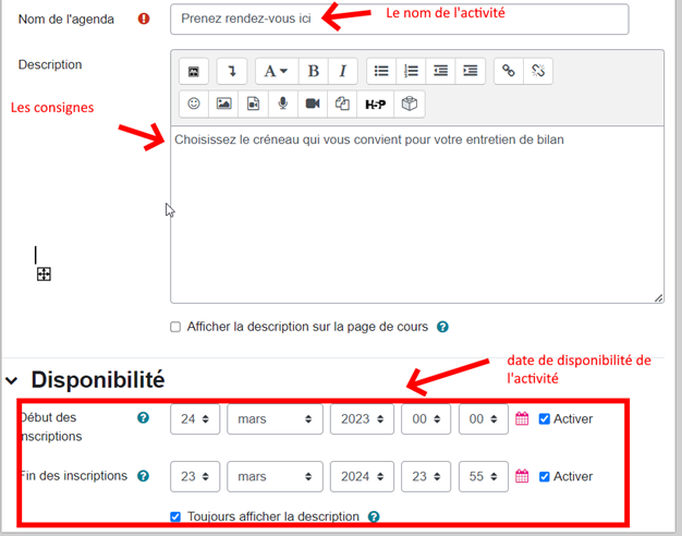 parametrage activite agenda plugin