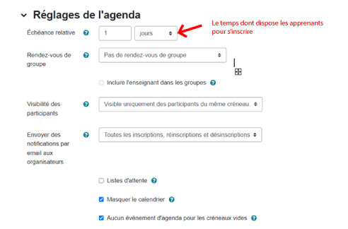 reglages agenda plugin moodle