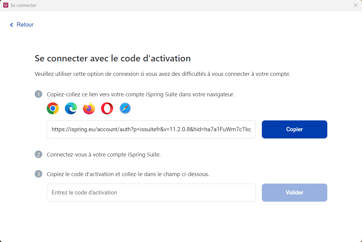 Connexion avec code activation copier lien