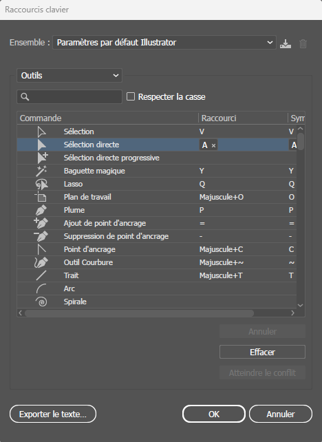 Personnaliser raccourcis sur Illustrator