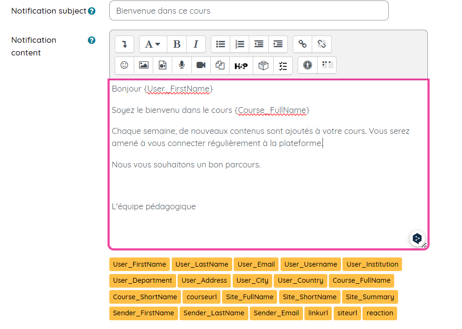 parametrage notification bienvenue plugin moodle pulse