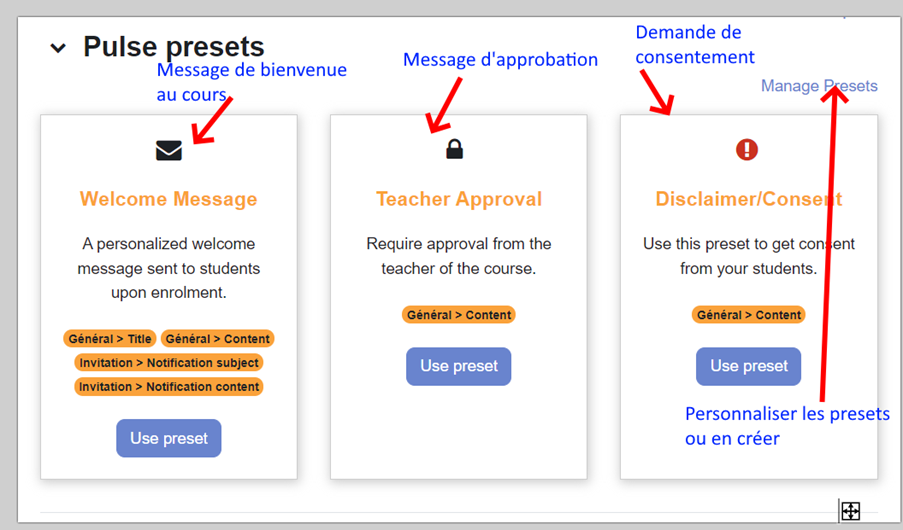 prereglages notifications pulse moodle