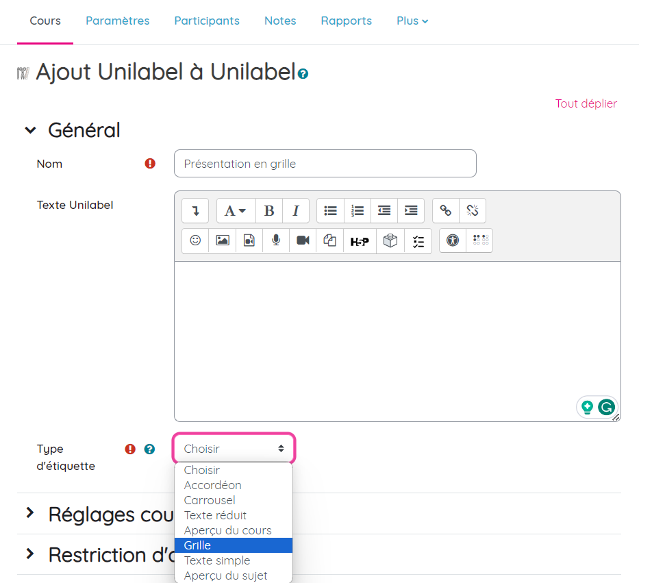 unilabel paramètres plugin moodle