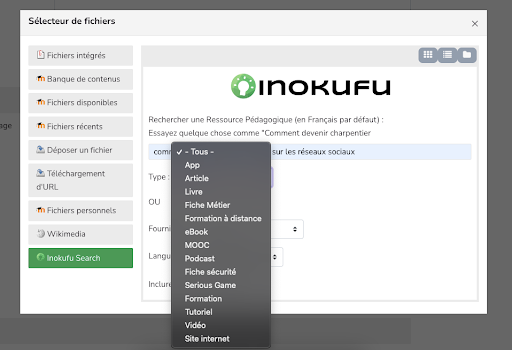 type learning objects inokufu search moodle