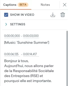 Capture montrant le panneau des sous-titres sur Vyond