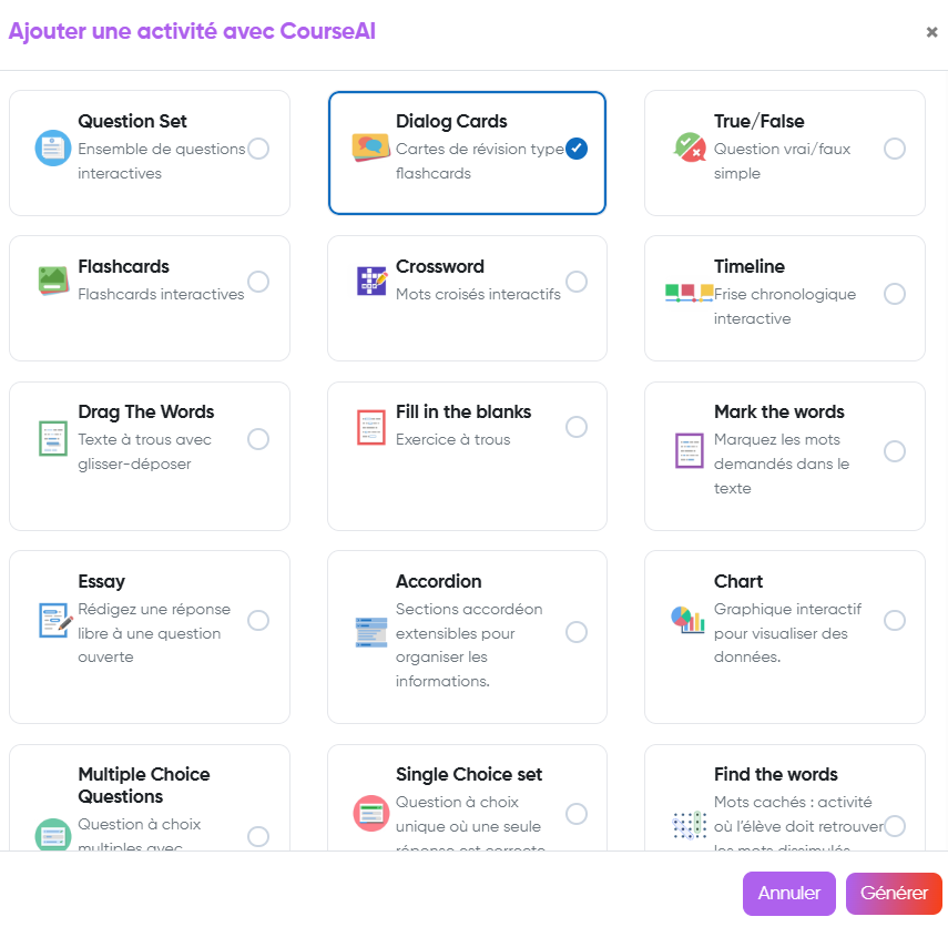 Ajouter activité Moodle CourseAI sélecteur