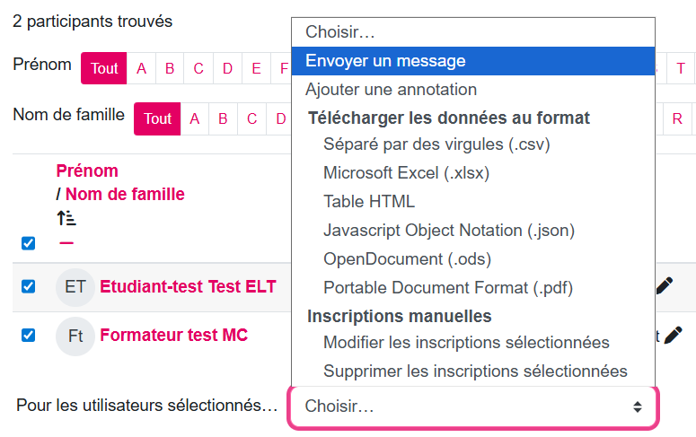 Contacter participants cours moodle
