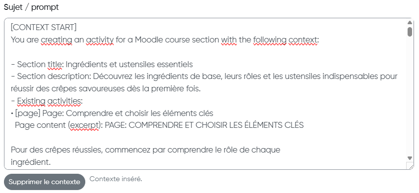 Générer activité contexte section Moodle