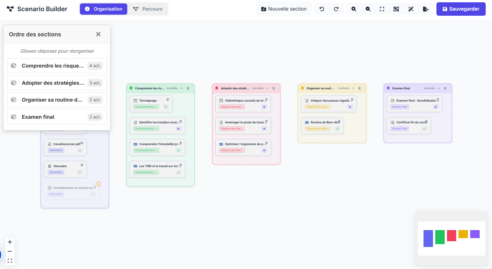 Scenario Builder cours Moodle vue organisation