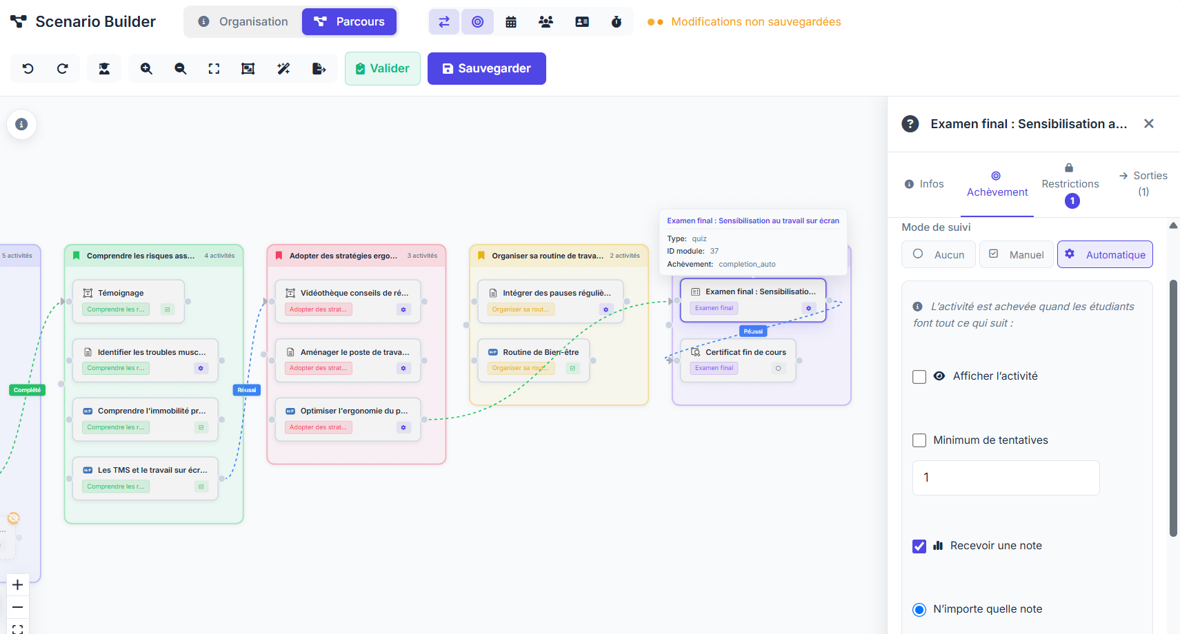 Scenario Builder cours Moodle vue Parcours